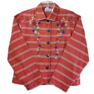 Chico's Design Size 1 Fits Women's M/L Cotton Striped Floral Embroidery Jacket